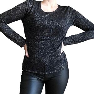 Express Womens Top Large Black Silver Sparkle Glitter Scoop Neck Party Shirt
